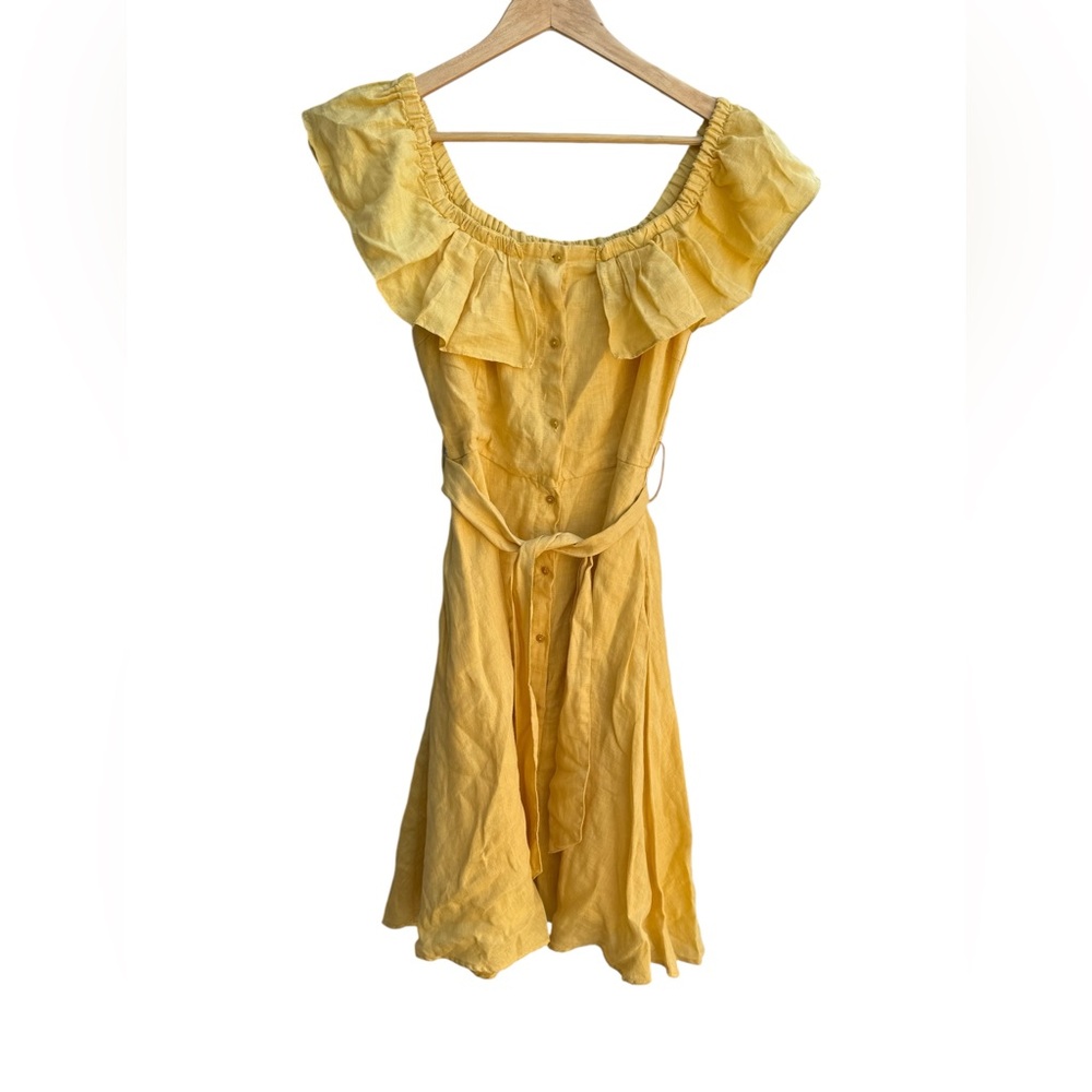 Zara Yellow Off Shoulder Ruffle Dress Linen Tie Waist Summer Sundress Medium - Picture 2 of 4